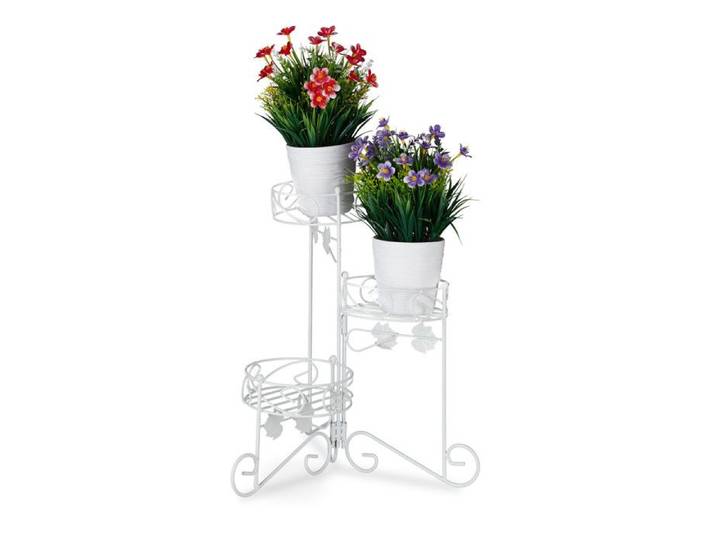 Relaxdays Escalier fleurs métal 3 niveaux support pot de fleurs Étagère pour plantes rond décoration H: 40 cm blanc