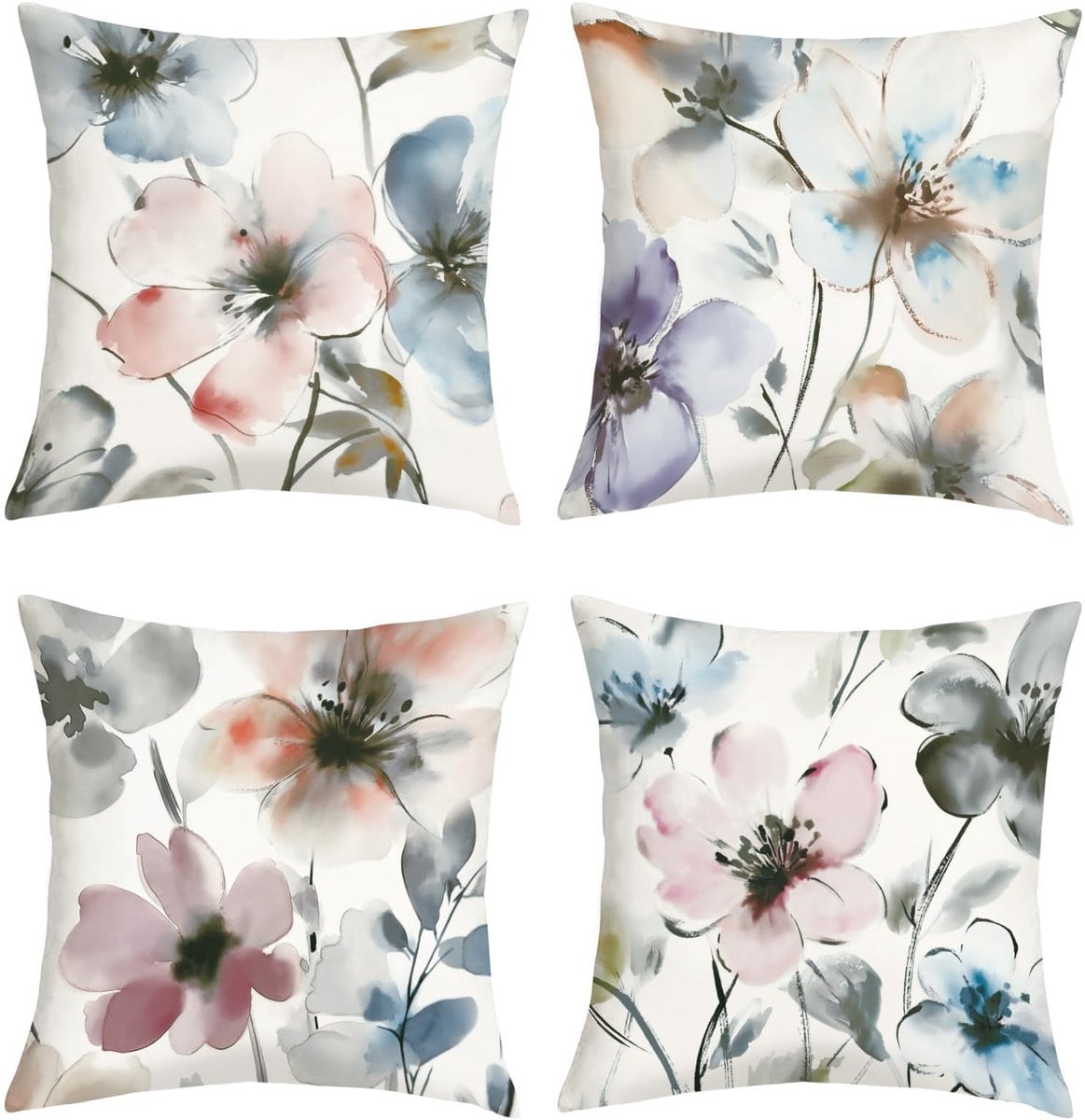 Ibenzoa Set van 4 Kussenhoezen met Bloemenprint in Waterverf Stijl