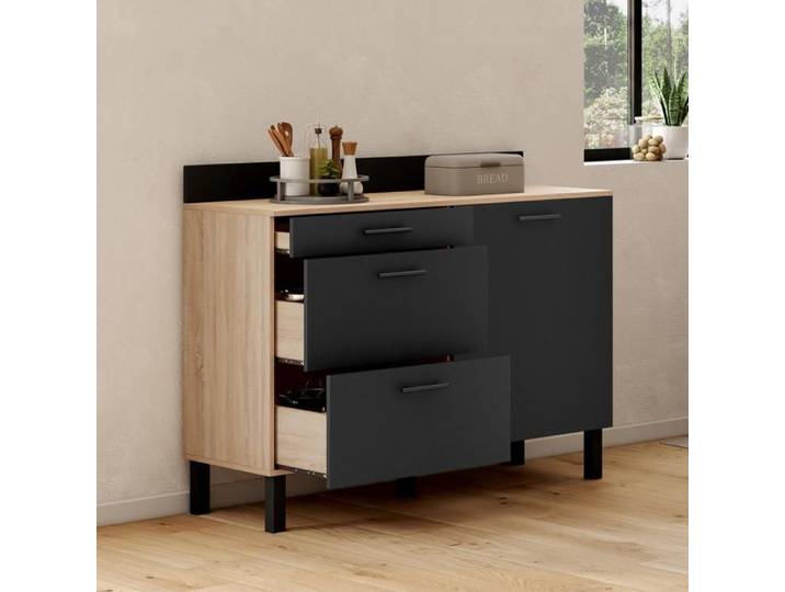 IDMARKET Buffet bas casserolier de cuisine 120 CM CINA plan de travail H.83 cm 1 porte + 3 tiroirs façon hêtre et noir