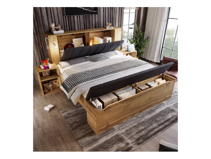 Flieks Holzbett, Doppelbett 160x200cm Stauraumkopfteil Leselicht USB Nachttisch Hocker