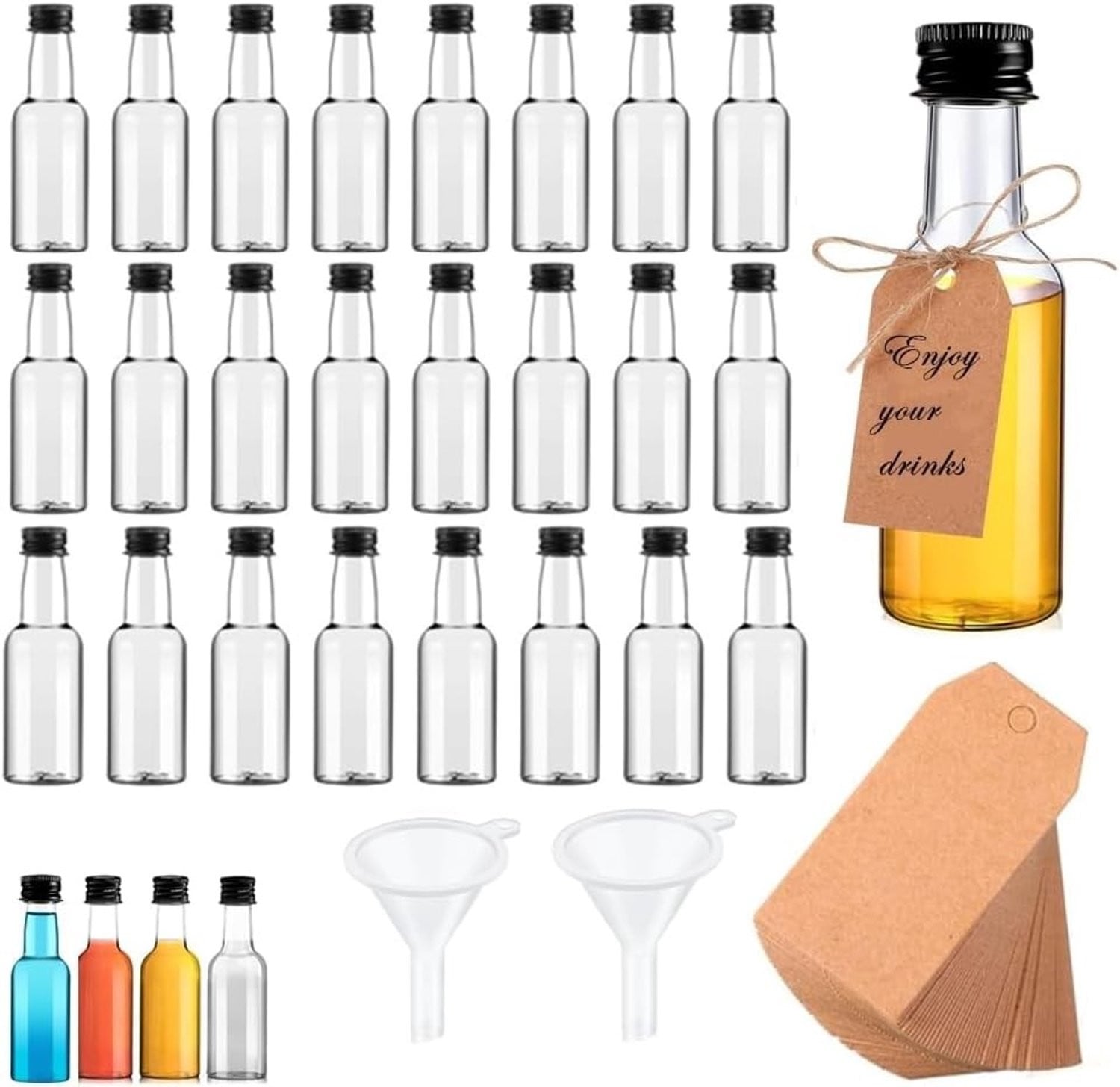 Set van 24 kleine likeurflessen van 50 ml met zwarte schroefdoppen en 2 trechters