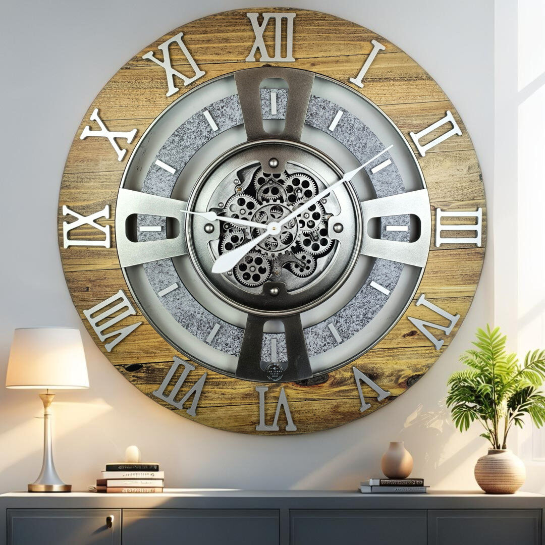 The Gears Clock Solid Wood Wall Clock Wood Stone Oversize 91.4cm