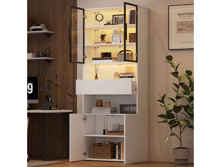 LPOSPI Vitrine moderne led avec tiroir et 2 armoires bibliothèque et plateformes ouvertes 70×30×200 cm blanc