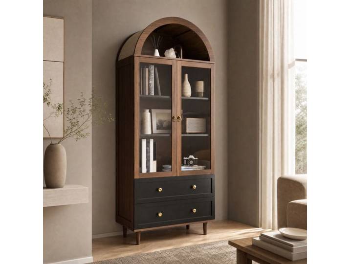 QAVRYL Vitrine haute 70 x 38 x 165 cm MDF et verre étagères réglables noyer