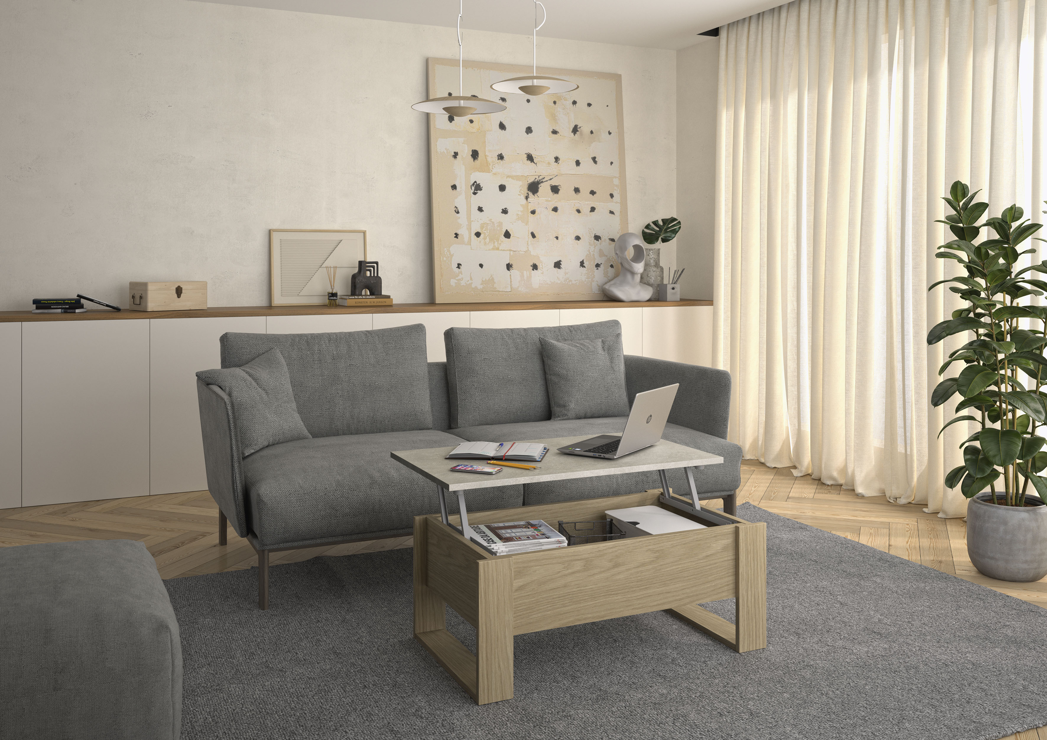 Couchtisch GAMI "DENVER", braun (roockwood eiche, melamin mineral, roockwood eiche, melamin mineral), B:90cm H:40cm T:52cm, Spanplatte, Tische, Couchtisch, Hochklappbare Tischplatte roockwood eiche, melamin mineral, roockwood eiche, melamin mineral B/H/T: