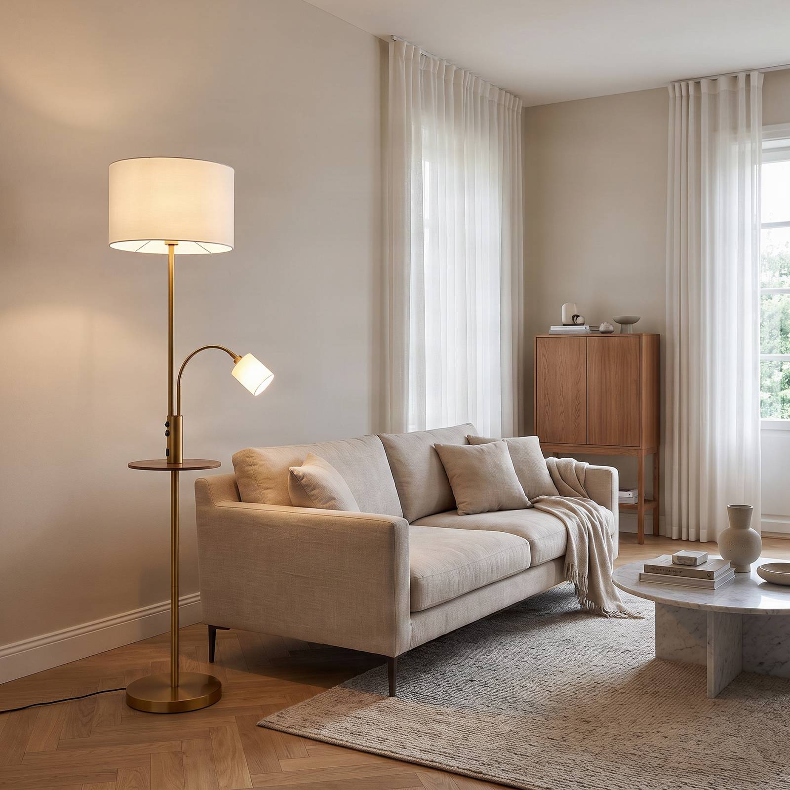 Floor Lamp Aovan Lindby, Bronze / antique brass, Living / Dining Room, metal, Modern, Floor Lamp