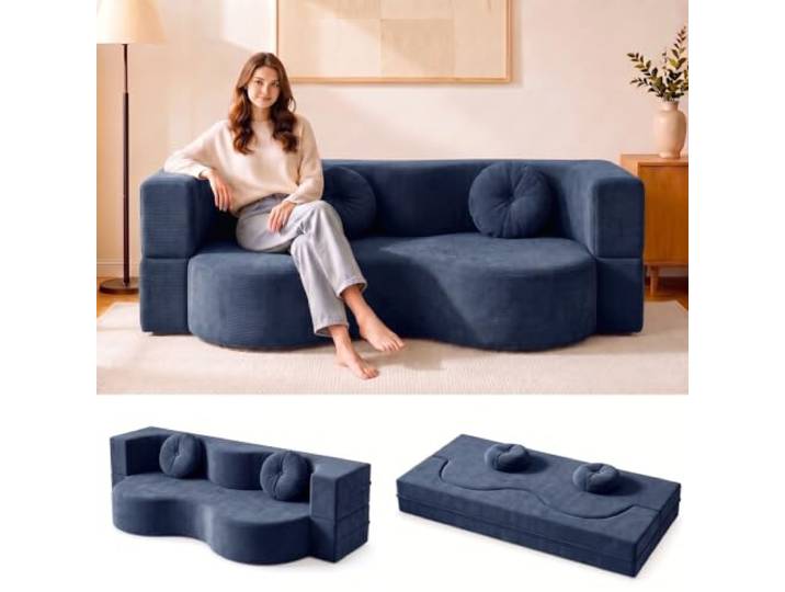 Ribanedy Wandelbares Boneless Schlafsofa，Blau：200 x 100 cm Vakuumverpacktes, komprimiertes Sofa mit 2 runden Kissen, hochdichtem Schaumstoff und ohne Montage
