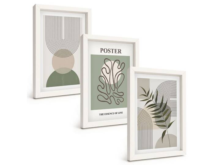 BILDER SET 3er Set - 20x30 cm Weißer Rahmen - Geometrische botanische Muster