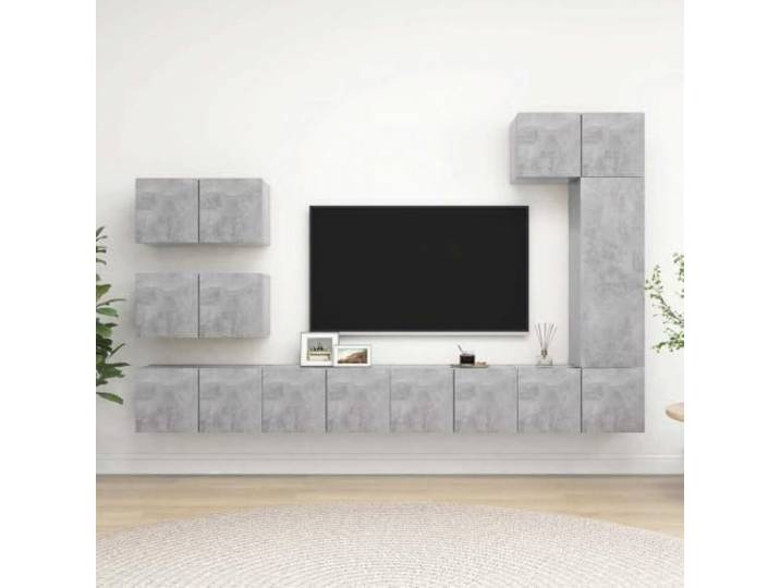 HEFZGDB 8-TLG. TV-Schrank-Set Betongrau Holzwerkstoff Moderner Wandschrank mit großem Stauraum für Wohnzimmer Aufbewahrung