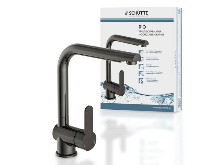 SCHÜTTE Küchenarmatur RIO, Wasserhahn Küche mit Energiesparfunktion, 360° schwenkbare Mischbatterie Küche, Hochglanz-Graphit