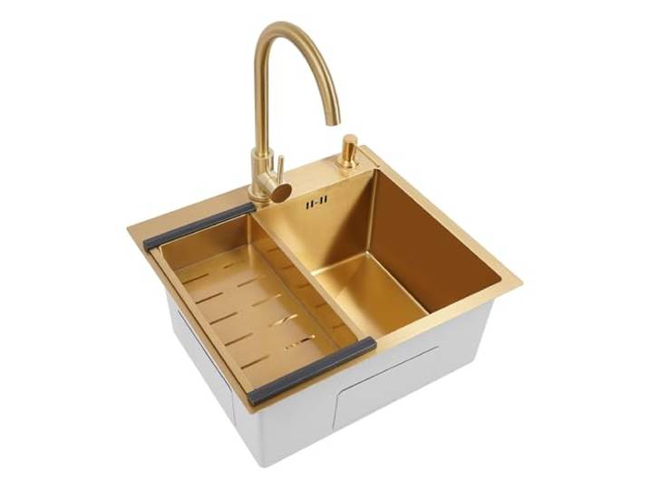 Küchenspüle Edelstahl Spülbecken Waschbecken Spüle Küche Einbauspüle Gold Edelstahlspüle mit Armatur Set, inkl. Abtropfkorb, Siphon Ab- und Überlaufgarnitur, 50 * 45 * 22cm