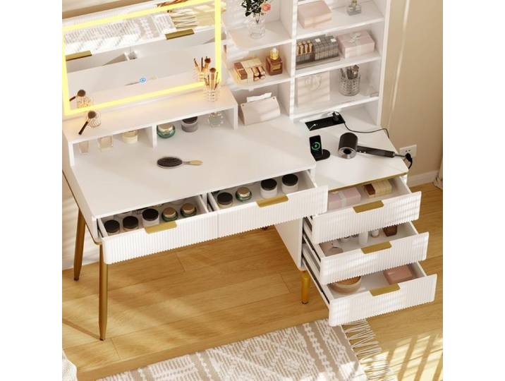 Coiffeuse avec LED prise de courant 5 tiroirs et étagère commode de coiffeuse coiffeuse blanche 120 x 40 x 136 cm