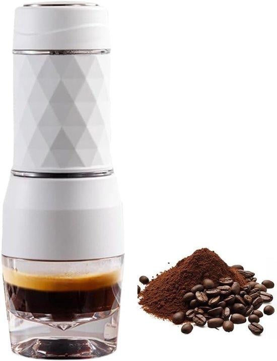 Draagbare handmatige koffiemachine voor capsules en gemalen koffie, wit