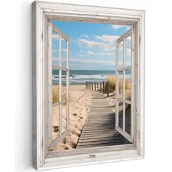 LEINWANDBILD Fenster - Meer - Küste - Natur - Ausblick - Strand - Wattenmeer Wandbild Wohnzimmer 60x80 cm