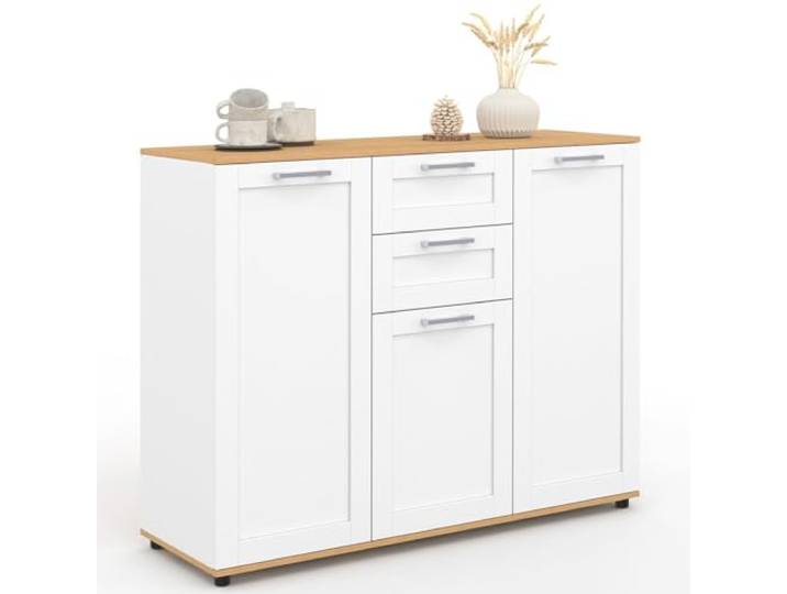 IDMarket - Lowboard 100 cm VITO 3 Türen und 2 Schubladen weiß und Holzplatte