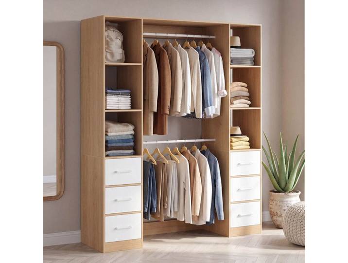 IDMARKET Dressing double penderie + double colonne UPPAH L. 140 cm bois et blanc bacs en tissu