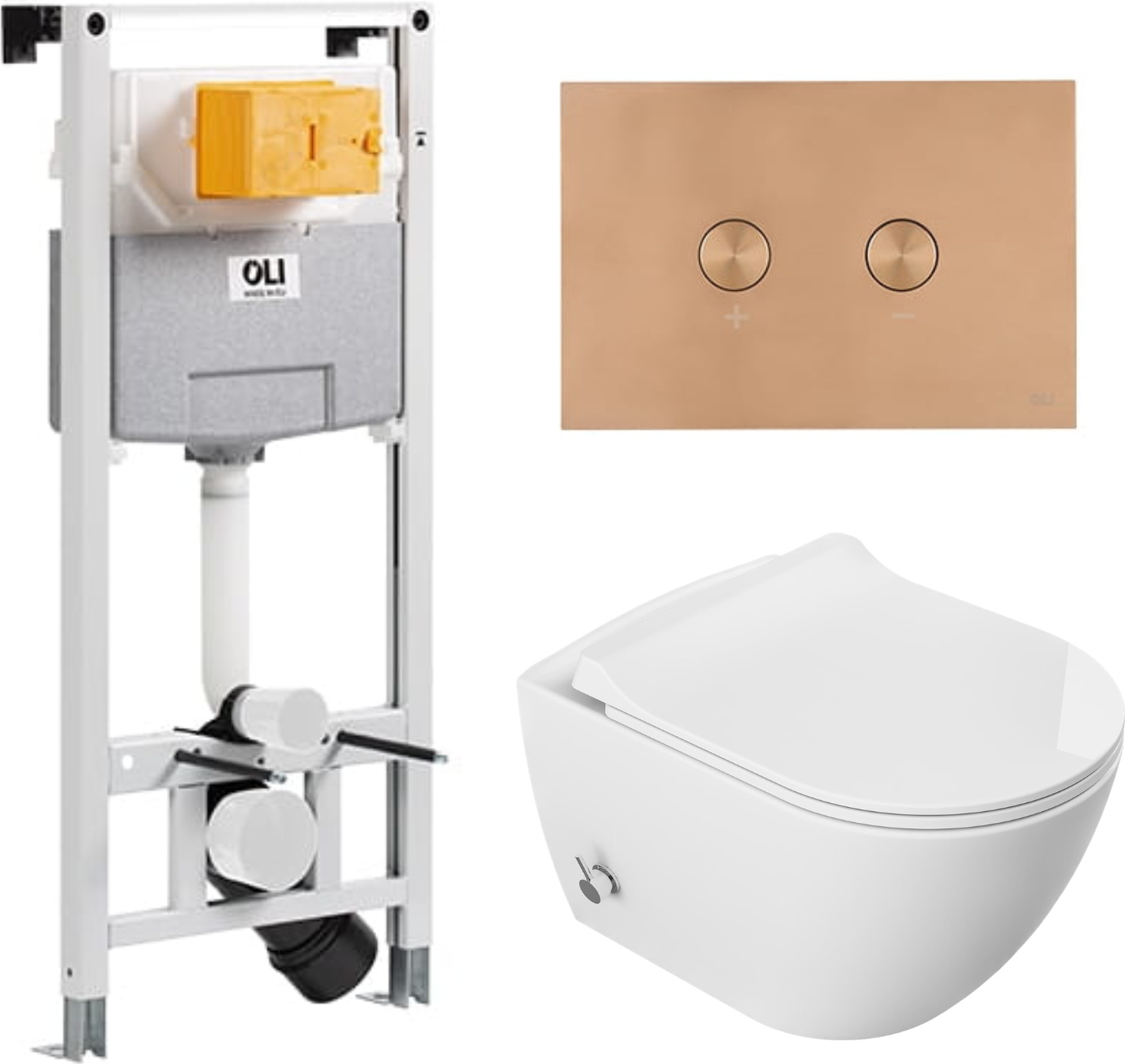 Domotechnika | Hänge Wc Set Viba - Vorwandelement - Unterputzspülkasten - Weiß - Spülrandlos, Rimless, Soft Close, Integrierter Bidet - Kupferknopf