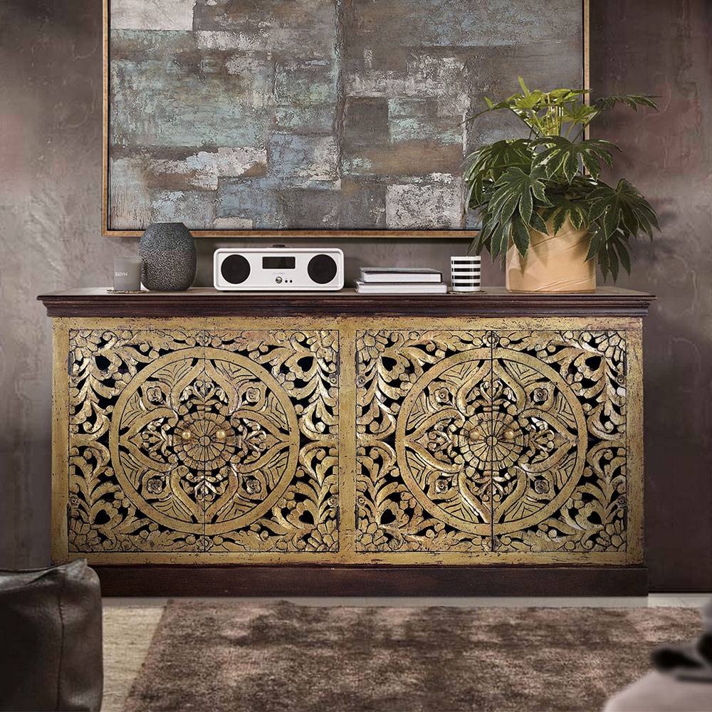 Pharao24.de Sideboard Holzkommode mit Ornament Muster geschnitzt