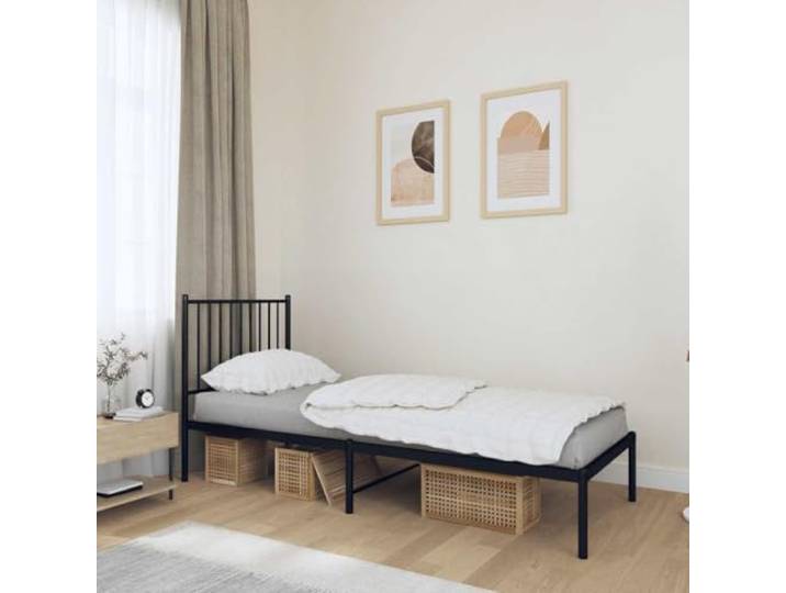 RJPLMFV Bettgestell, Metall, Schwarz, 75 x 190 cm Pulverbeschichteter Stahl, inklusive Lattenrosten, Stauraum unter dem Bett, Kopfteil zur Unterstützung des Rückens