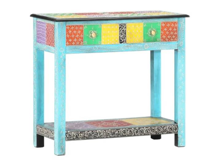 ZXQVLMRS Konsolentisch Mango Massivholz, Flurtisch mit 2 Schubladen, Bunt Handbemalte dekorative Details, Stabiles Gestell, Vintage-Design