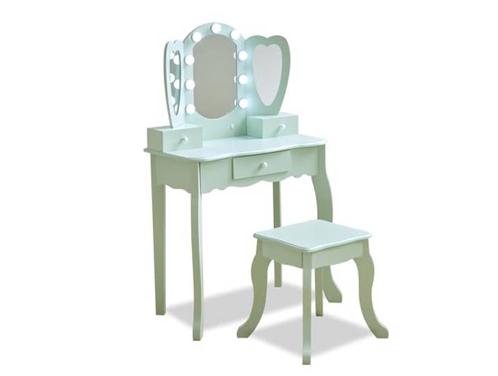 Teamson Kids Coiffeuse Enfant cœur Verte avec Miroir LED Triple Tabouret\, Tiroirs\, Accessoires\, Favorise imagination et autonomie