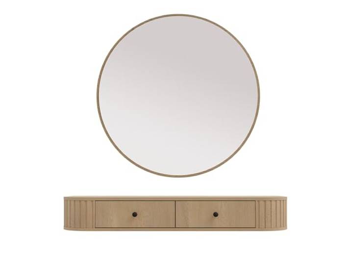 AX Living Schminktisch Halay 100 cm Eiche Cremona, Spiegel, 2 Schubladen 2 Schubladen für Stauraum. Cremona Eiche mit mattschwarzen Akzenten. Breite: 123,0 cm. Mattschwarze Metallgriffe.