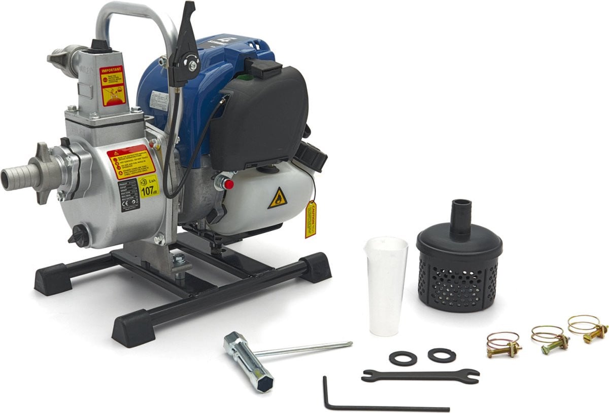 Blauwe waterpomp met 4-takt benzinemotor