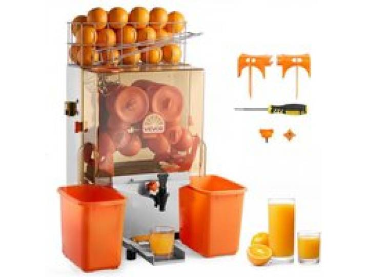 VEVOR Gewerbliche Orangenpresse Elektrische Zitruspresse 120 W Edelstahl, Saftpresse für bis zu 20 Orangen pro Minute, Entsafter für Zitronen Zitrusfrüchte mit Wasserhahn & Schalen-Auffangbehälter