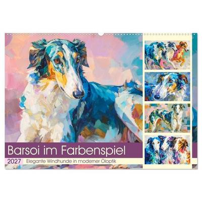 Barsoi im Farbenspiel. Elegante Windhunde in moderner Öloptik (Wandkalender 2027 DIN A2 quer), CALVENDO Monatskalender