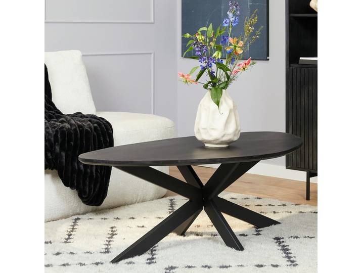 Table basse asymétrique en bois noir et métal