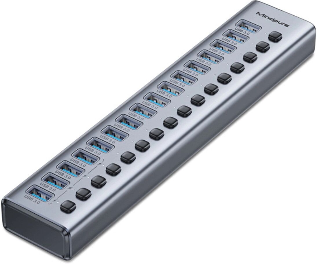 INF USB 3.0 16-Port-Hub mit Stromversorgung, Einzelschaltern, 5Gbps und 12V/4A-Netzteil