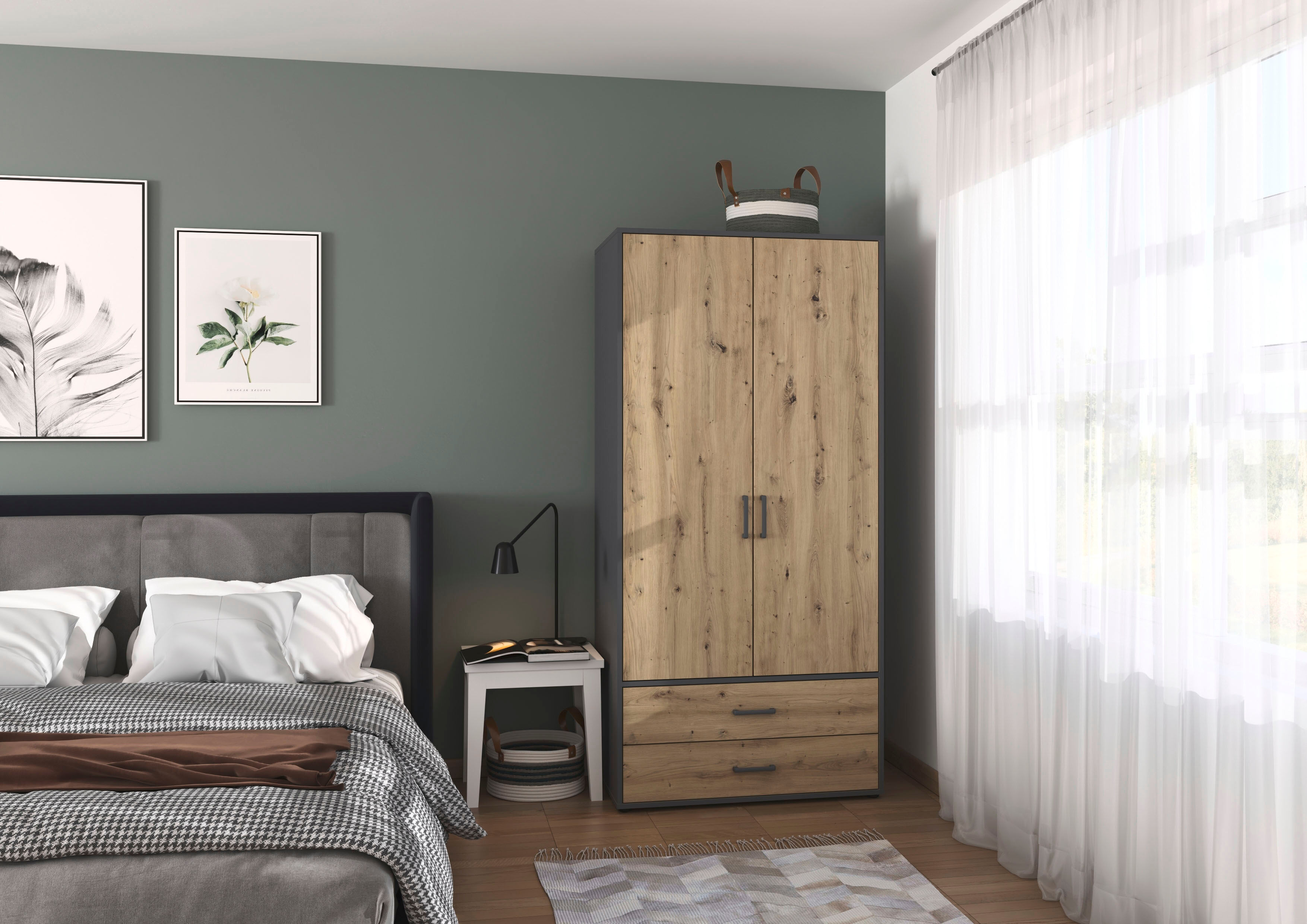 Drehtürenschrank RAUCH "Kleiderschrank Schrank Garderobe Wäscheschrank VOYAGER", braun (graumetallic, eiche artisan, griffe graumetallic), B:93cm H:194cm T:53cm, Holzwerkstoff, Schränke, Drehtürenschrank, mit 2 modernen Griffvarianten, mit Aussenschublade