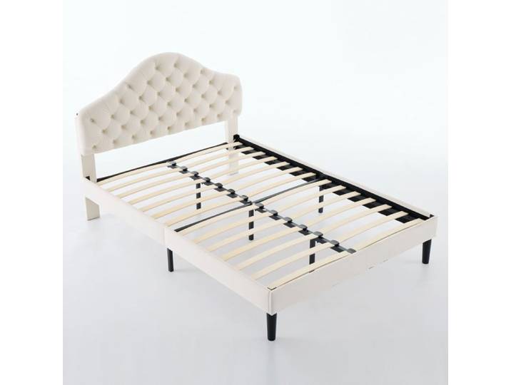 Lit plateforme rembourré 140x200 cm avec tête de lit réglable velours beige (sans sommier tapissier)