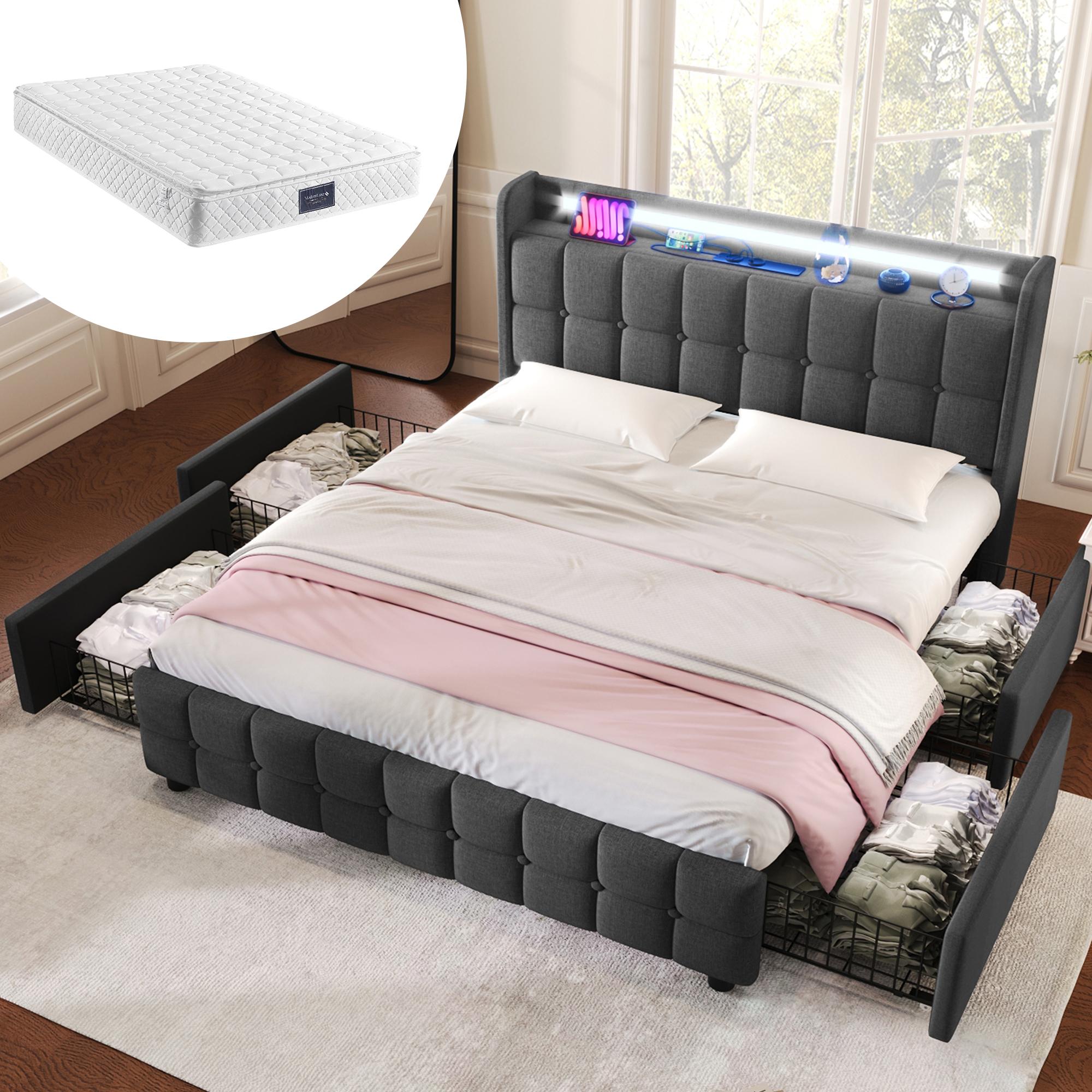 Polsterbett mit aufladen USB Ladefunktion Kopfteil und LED-Beleuchtung und 4 Schubladen,Doppelbett 140x200cm Stauraumbetten Bettgestell(Mit Matratze)