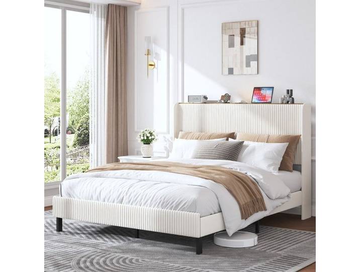 Lit 2 personnes 160x200 cm avec sommier à lattes Lit double rembourré avec tête de lit en tissu Lit 2 personnes Blanc