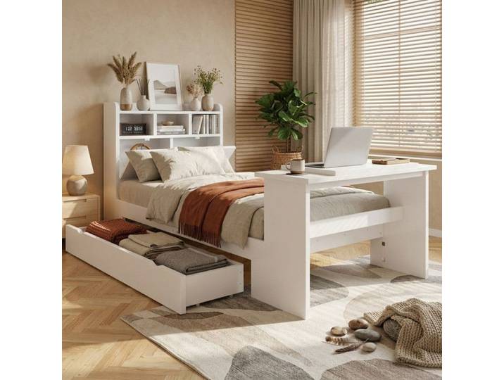 Lit coffre 90x200 cm blanc en bois lit combiné bureau relevable tête de lit étagère avec rangements grand tiroir sous‑lit