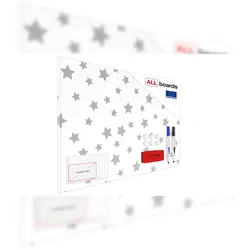 ALLboards Metallische Magnettafel GRAUE STERNE 60x40cm Memoboard für jede Art von Magneten Magnetpinnwand + 4 Marker, 10 Magnete und Schwamm