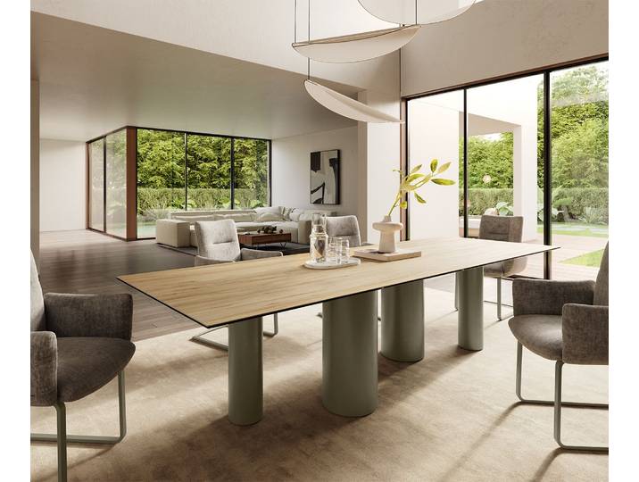 Esstisch Edge 300x100 Keramik Laminam® Sabbia Eichefarbig Pilier Metall Effektfinish Titan, Esstische
