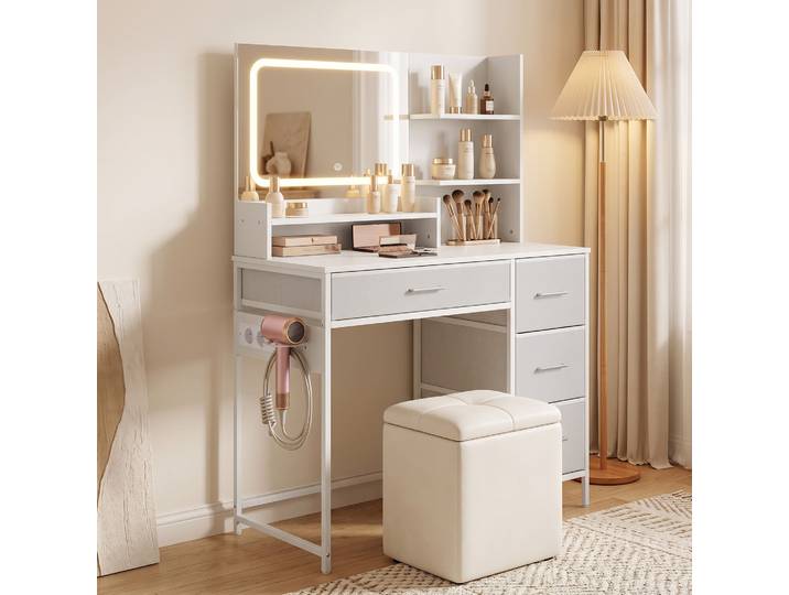 HOMCOM Coiffeuse Blanche Miroir LED 4 Tiroirs 5 Étagères