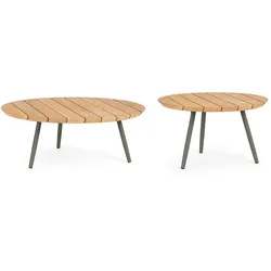 Gartencouchtisch-Set Ivissa aus Teakholz, modern skandinavisch, grün natur, rundes 2er-Set