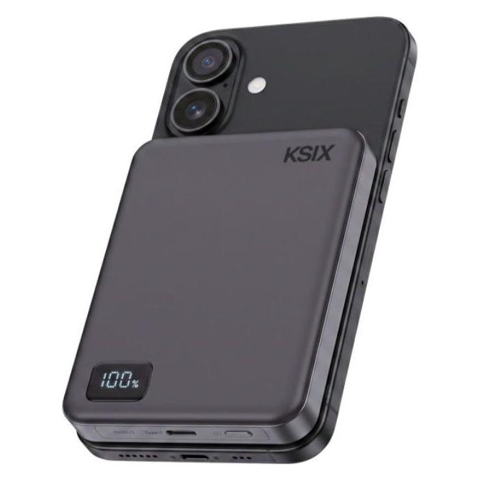 KSIX Powerbank Magslim 10.000 mAh, magnetisch, 15 W USB-C, PD 20 W, Digitalanzeige, schwarz (KSIX)