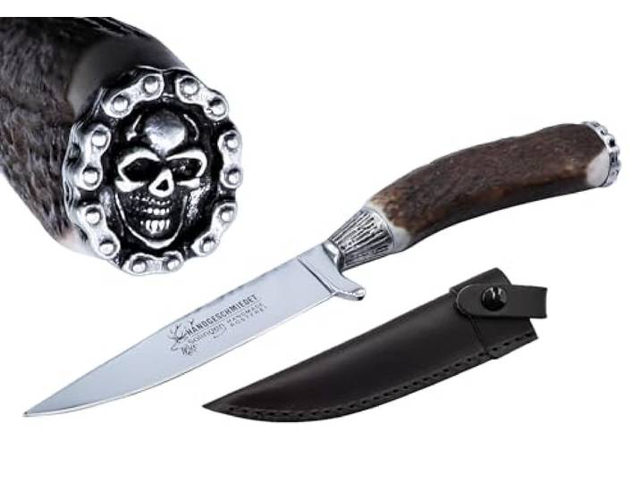 Messer Jagdmesser Skull Totenkopf echt versilbert Hirschhorn Trachtenmesser Jagd Hirschfänger Wild Bock Jagdnicker für Lederhose Biker Jäger Jagd Stahl-Klinge Hirsch, Farbe:Skull C