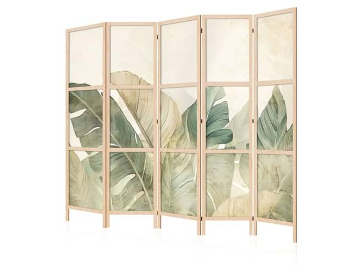 LUMASOUL Japanische Trennwand Paravent Raumteiler 225x172 cm Natur 5 teilig Dekorativ, Shoji-Stil, faltbar, freistehend, als Sichtschutz für Wohnräume tropische Blätter