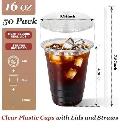 The Handy Homestead Clear Plastic Disposable Cups With Lids And Straws For Iced Coffee And Smoothies 16oz