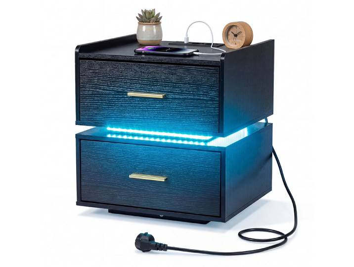 COSTWAY Nachttisch (1-St), LED Beistelltisch mit Ladestation, Metallfuß
