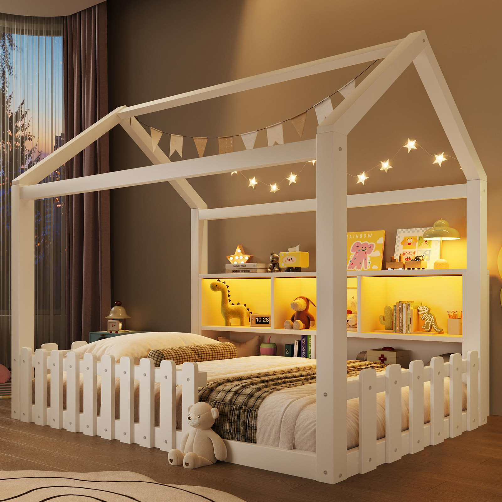 ALFORIGO Babybed met LED-verlichting en opbergvakken, Wit/Naturel, 90 x 190 cm