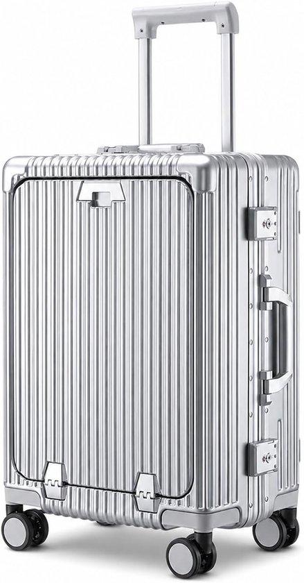 Handgepäckkoffer, 50,8 cm, Hartschalenkoffer, Aluminiumrahmen, PC-Reisekoffer mit 4 Rollen, TSA-Schloss, USB-Anschluss, Getränkehalter, Silber, ideal
