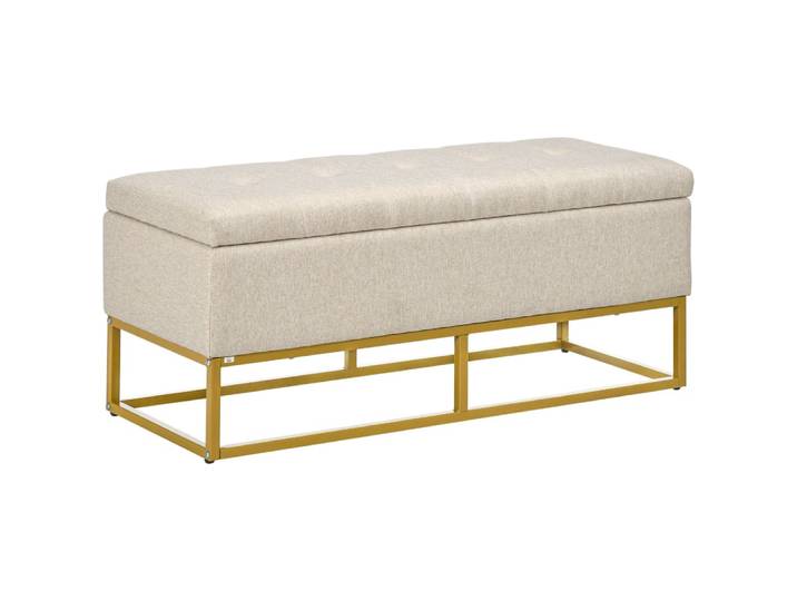 Banquette coffre de rangement acier doré assise capitonnée tissu beige