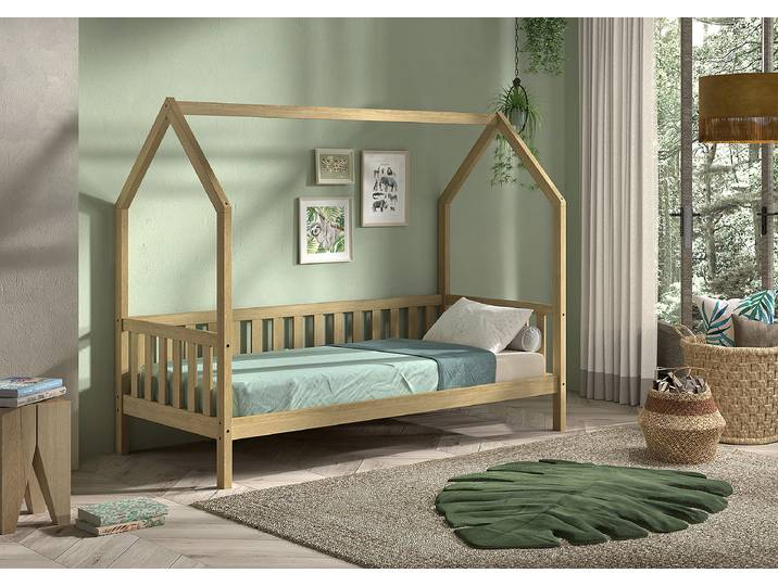 Lit maison en bois massif Cabane 90 x 200cm Sans Bois/Marron