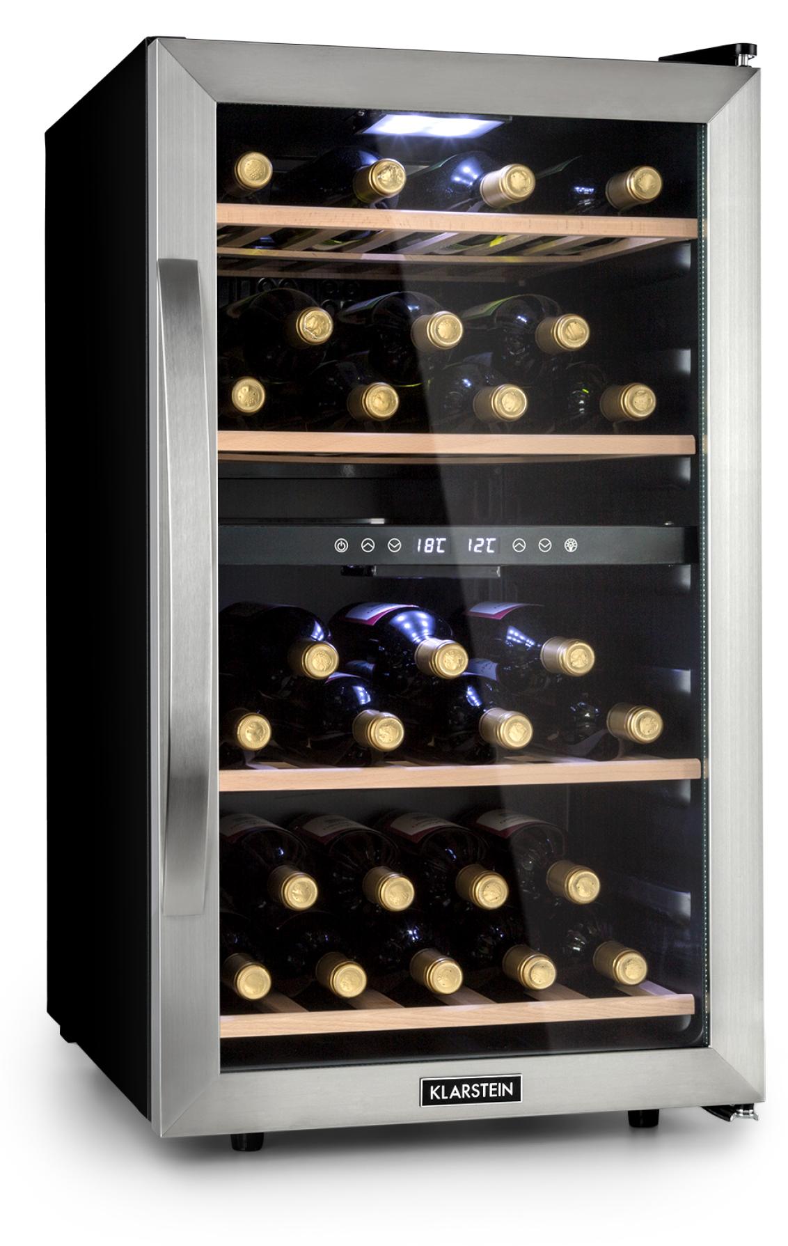 Klarstein Weinkühlschrank, Getränkekühlschrank Schmal, Kühlschrank mit Glastür, Getränkekühlschränke Freistehend, Weinkühlschrank Klein, Weinkühlschränke 2 Zonen, UV-Schutz, 5-18 °C, 45 Flaschen